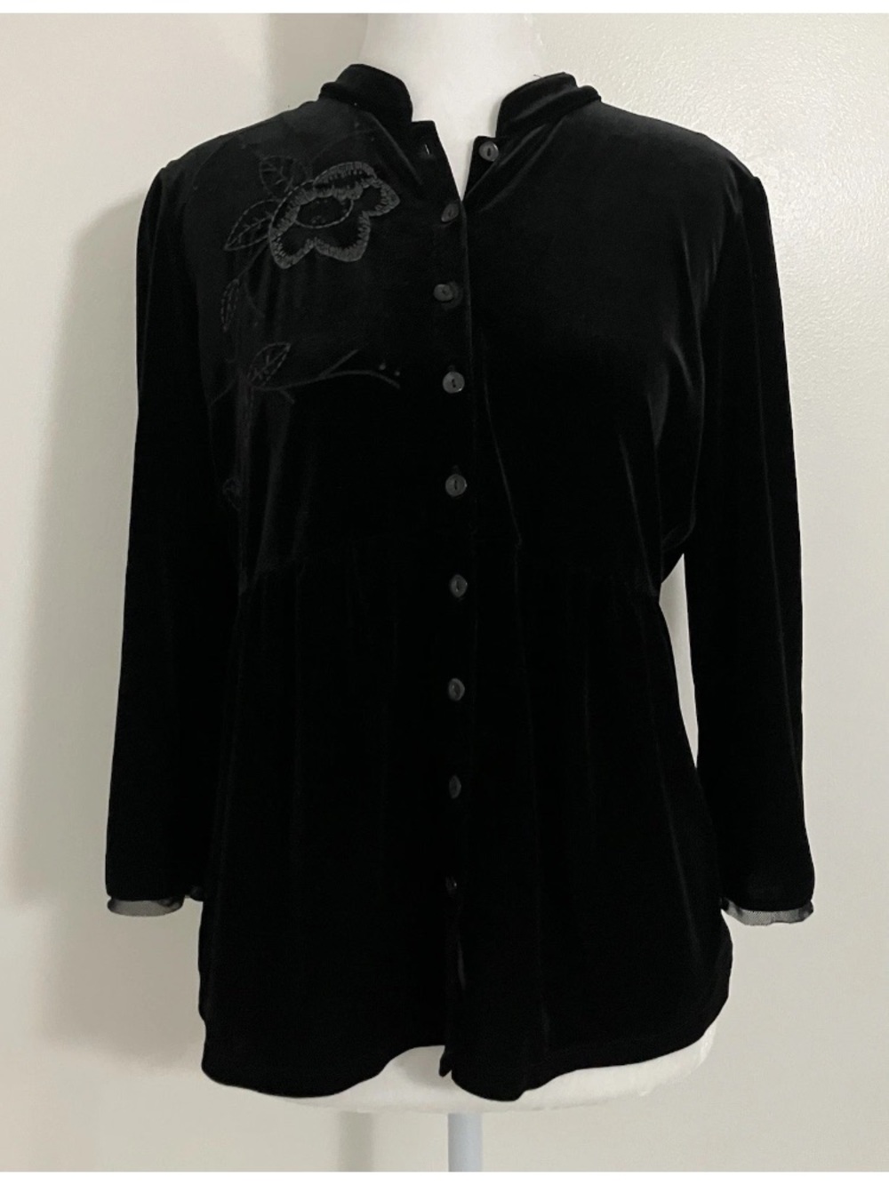 J. Jill Black Velvet Button-Front Top with Tonal Floral Embroidery